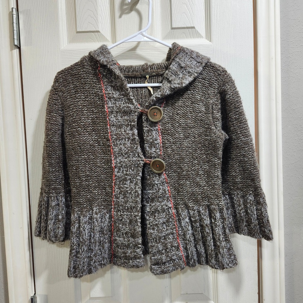 Free People Wool Blend Chunky Knit Hooded Cardigan Brown Orange Stitch XS S